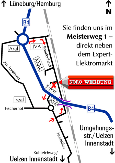 So einfach erreichen Sie die Noro-Werbung in Uelzen: aus Norden (L&uuml;neburg/Hamburg) oder S&uuml;den (Gifhorn/Braunschweig und Celle) einfach &uuml;ber die B4